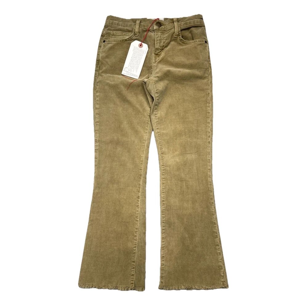 Current/Elliott The Kick Jean Corduroy Pants 24 (25x25.5) Green Khaki Fray Women